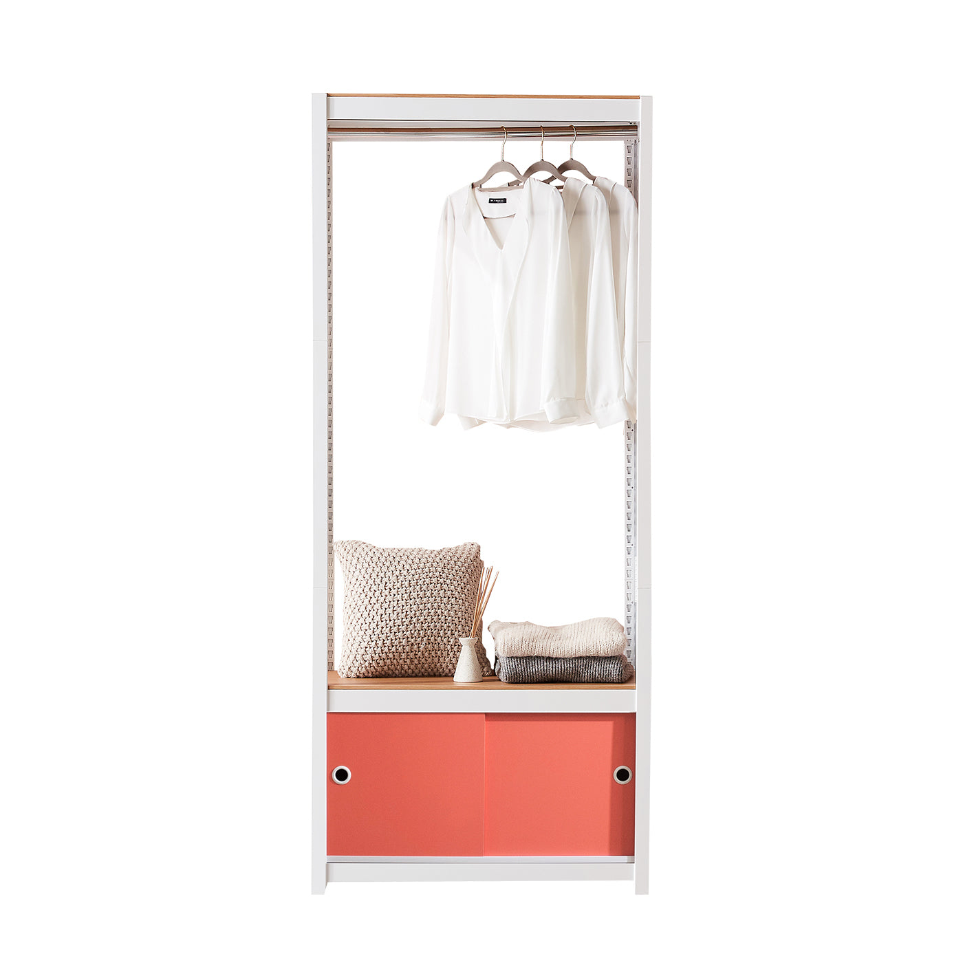 Clothing Rack + 2 Shelf + 1 Door in White/Coral